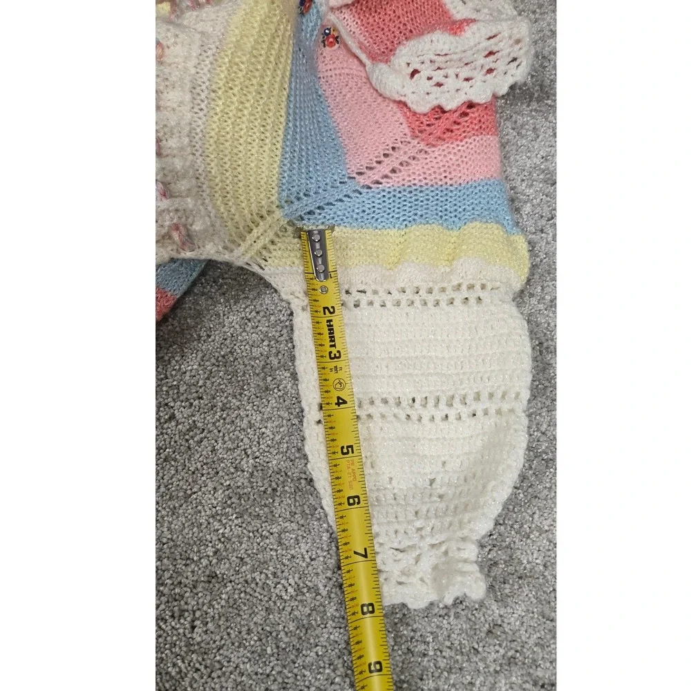 Vintage Handmade Knit Pastel‎ Striped Dress Floral Buttons Crochet Trim Sz 2T-3T